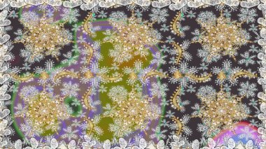 Çiçekli süslemeli, pürüzsüz bir desen. Doğu tarzında klasik tasarım öğesi. Süslü dantel iz sürücü. Gri renkli geleneksel Arapça dekor. Duvar kağıdı için altın süslü illüstrasyon.