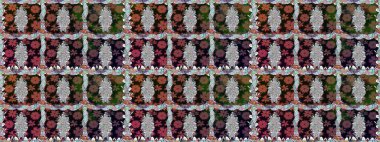 Yapraklı kusursuz desen. Tekstil için figür. Davetiye ve kartpostal tasarımı için dekoratif çiçek unsurları. Poster ya da kapak için arka plan. Sevimli zarif çiçekler Raster illüstrasyonu.