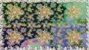 Klasik oryantal desen gri renklerden üstündür. Geleneksel raster ve altın desen. Damask pürüzsüz süsü.