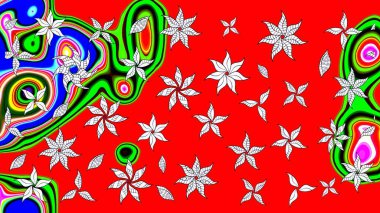 Parlak renkli çiçekli ve kırmızı yapraklı harika bir çiçek deseni. Moda baskıları için zarif bir şablon. Modern çiçek arkaplanı. Halk stili.