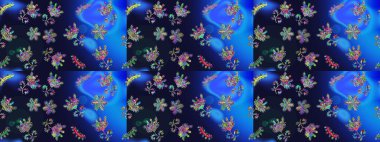 Suluboya çiçekli çiçek deseni. Mavi, gri ve yeşil renklerde Asya tekstili. Raster illüstrasyonu.