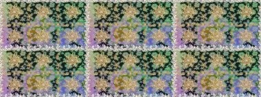 Doğum günü kartı, davetiye ya da afiş için iyidir. Dekoratif simetri arabesk. Gri renklerde altın. Raster illüstrasyonu. Kusursuz ortaçağ çiçek desenleri..