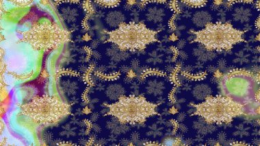 Raster geleneksel oryantasyon süsü. Klasik altın desenli çizim. Altın elementlerle mavi renklerde altın desen.