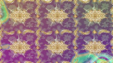 Lüks, kraliyet ve Viktorya dönemi konsepti. Raster klasik barok çiçek deseni altın rengi. Mor renklerde altın desenler ve altın elementler. Süsleme.
