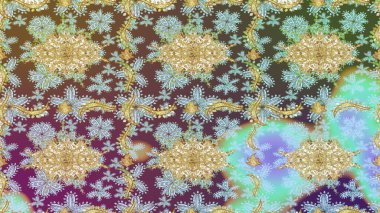 Altın şablonu çiz. Tarafsız renkler ve altın elementler. Çiçek desenli altın metal. Raster altın çiçek süsü brokar kumaş ve cam desenli..