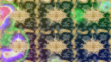 Yeşil renkte altın elementler. Şık bir grafik desen. Duvar kâğıdı barok, İspanyol kumaşı. Skeç raster arka planı. Çiçek deseni.