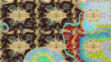 Barok tarzında eskiz oryantal süsü. Kahverengi renkli ve altın elementli geleneksel klasik altın sarısı desen.