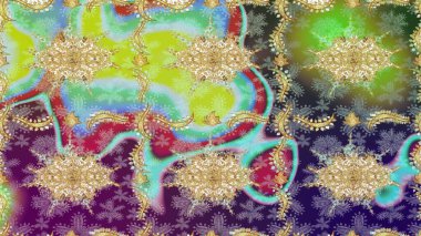 Kraliyet lüksü, altın barok kumaş rengi eskiz. Raster eskiz deseni altın antika ortaçağ dekoratifi, yapraklar ve altın desenli süslemeler tarafsız renklerde..