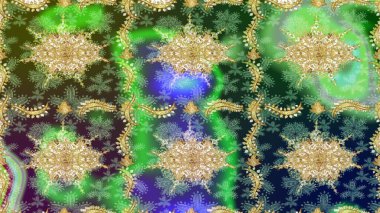 İslam tasarımı. Altın elementlerle yeşil renklerde altın desen. Raster altın tekstil baskısı. Eskiz desenli oryantal süs. Çiçek karoları.