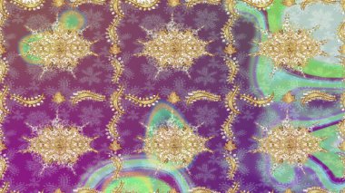 Barok tarzında eskiz oryantal süsü. Mor renkler ve altın elementler üzerinde geleneksel klasik altın raster deseni.
