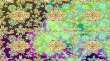 Tarafsız renklerde altın elementlerle çizim. Doğu tarzı arabesk. Altın desenli bukleler çiz. Raster. Hassas altın deseni açın. Parlak dantel, stilize çiçekler, şal desenli.