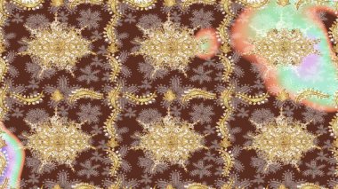 Kahverengi renklerde altın element. Antika altın tekrarlanabilir duvar kağıdı. Damask çizim kalıbı arka planı tekrarlıyor. Barok tarzında altın çiçek süsü..