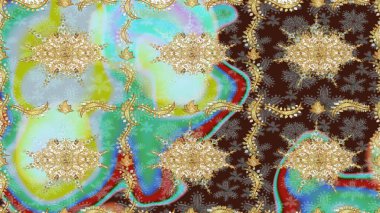 Çiçek desenli altın metal. Altın şablonu çiz. Tarafsız renkler ve altın elementler. Raster altın çiçek süsü brokar kumaş ve cam desenli..