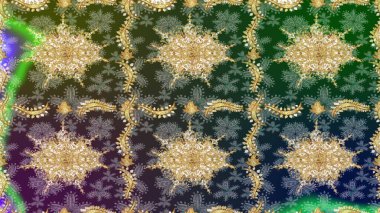 Parlak dantel, stilize çiçekler, şal desenli. Altın desenli bukleler çiz. Doğu tarzı arabesk. Hassas altın deseni açın. Raster sanatı. Yeşil renkler ve altın elementler üzerine çizim deseni.