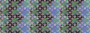 Asya tekstil tarzında. Raster illüstrasyonu. Kusursuz çiçek deseni. Düz Çiçek Elementleri Tasarımı. Yeşil renkli çiçekler. Renkli Bahar Teması Kusursuz Arkaplan.