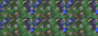 Raster illüstrasyonu. Çiçekli karalama şeklinde Raster çiçek deseni. Yumuşak, bahar çiçekleri yeşil, mor ve mavi renkler.
