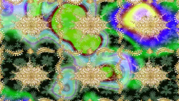 Altın elementlerle yeşil renklerde altın desen. Altın şablonu çiz. Raster doğulu süsü.