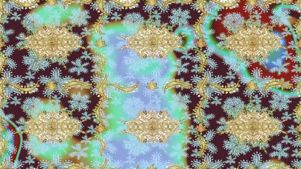 Damask altın soyut çiçek deseni nötr renklerde. Süslü dekorasyon. Raster illüstrasyonu.