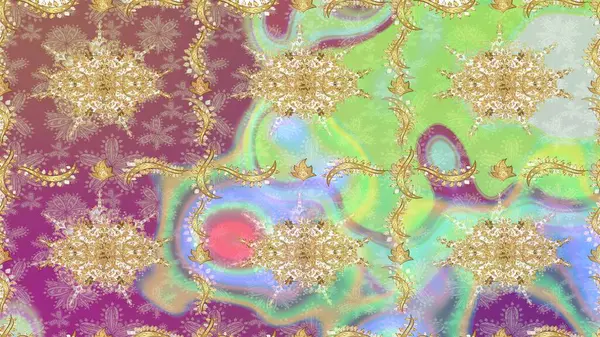 Altın desenli bukleler çiz. Hassas altın deseni açın. Parlak dantel, stilize çiçekler, şal desenli. Tarafsız renklerde altın elementlerle çizim. Raster. Doğu tarzı arabesk.