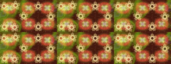 Renkler. Noel ve yeni yıl moda baskıları için tatil tasarımı. Yeşil, kahverengi ve turuncu kar taneleri. Raster illüstrasyonu. Kar tanelerinin soyut arkaplanlı Noel deseni.