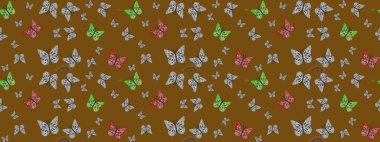 Moda Kumaşı Tasarımı. Kelebekli parlak eskiz deseni. Kahverengi renkli resim. Raster illüstrasyonu.