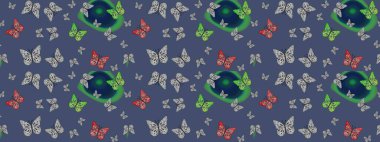 Raster illüstrasyonu. Robot resim. Kumaş, kağıt, ambalaj kâğıdı ve duvar kağıdı tasarımı için harika bir arka plan. Egzotik hayvanlar. Mavi kelebekler.