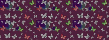 Raster illüstrasyonu. Kağıt, kumaş ve ambalaj için uygun. Kahverengi arka planda renkli kelebek koleksiyonu. Robot resim. Kart, baskı ve davetiye için basit kadınsı desen.