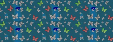 Renkli kelebeklerin güzel arka planı. Kıyafetler, erkekler, kızlar ve duvar kağıtları için soyut çizim kalıbı. Raster. El çizimi illüstrasyon.