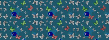 Güzel bir kumaş tasarımı. Dekoratif el çizimi kelebekler. Raster illüstrasyonu. Mavi renkte resim.