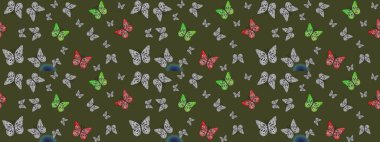 Raster illüstrasyonu. Karala, karala, karala. Yeşil renklerin çizimi. Tekstil baskısı için ekose kelebek. Çizim deseni.