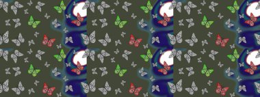 Uçan güve ile çok renkli bir arka plan çiz. Parlak kelebeğin eskiz geçmişi. Raster. Kumaş, kağıt ve ambalaj için uygun. Güzel renkli kelebekler kaotik bir şekilde yeşil renklerde uçar.