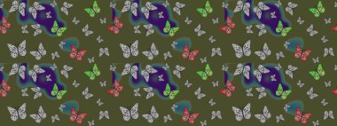 Raster. Uçan güvelerle çok renkli bir arka plan çiz. Kumaş, kağıt ve ambalaj için uygun. Güzel renkli kelebekler yeşil renklerde kaotik bir şekilde uçarlar. Parlak kelebeğin özgeçmişini çiz