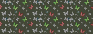 Yeşil arka planda kelebek var. Raster illüstrasyonu. Kumaş, kağıt, ambalaj kağıdı ve duvar kağıdı tasarımı için sevimli bir arkaplan.