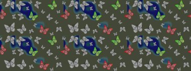 Karala, karala, karala. Raster illüstrasyonu. Yeşil renklerin çizimi. Çizim kalıbı. Tekstil baskısı için ekose kelebek.