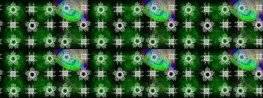 Raster illüstrasyonu. Kar tanelerinin soyut arkaplanlı Noel şablonu. Noel ve yeni yıl moda baskıları için tatil tasarımı. Yeşil, siyah ve mavi renkler.