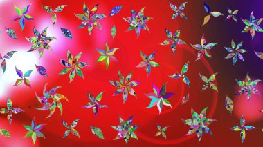 Raster deseni. Patlayan çiçekler soyut olarak yerleştirilmiş. Raster illüstrasyonu. Kibarca, bahar çiçekleri kırmızı ve pembe renklerde.