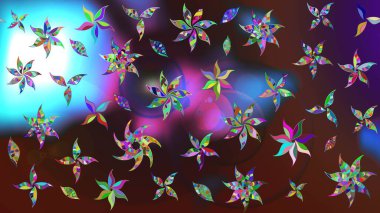 Çiçekli karalama şeklinde Raster çiçek deseni. Kahverengi ve mavi renkli çiçekler. Nazikçe, güzel çiçek arkaplanı..