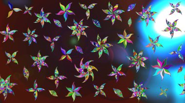 Çiçeksel fantezi tasarımı ve parlak bir arka plan çizimi. Renkli Bahar Teması eskiz kalıbı. Düz Çiçek Elementleri Tasarımı.