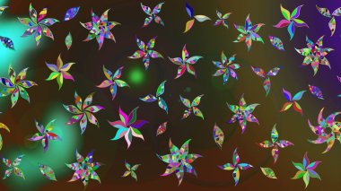 Renkli Bahar Teması eskiz kalıbı. Kahverengi ve yeşil renkli şirin çiçek desenleri. Düz Çiçek Elementleri Tasarımı. Raster Modaya uygun kumaş deseni.