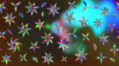 Çiçek desenli eskiz, darbeler, sıçramalar, yaz çiçekleri. Kahverengi ve mavi renkli çiçekler. Raster illüstrasyonu.