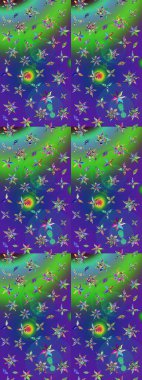 Nakış desenli çiçek deseni. Parmak izi, kumaş, duvar kâğıdı, tekstil için raster dokusu. Renkli grunge, koyu yeşil ve mavi çiçeklerle soyut arkaplanı zenginleştir.