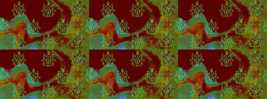 Kibar, bahar çiçekleri kırmızı ve yeşil renklerde. Çiçekli yumuşak bir eskiz şekli. Raster illüstrasyonu. Raster çiçekleri klasik tarzda resmedilir..