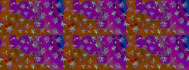 Düz Çiçek Elementleri Tasarımı. Renkli Bahar Teması eskiz kalıbı. Mor ve kahverengi renkte çiçekler. Sevimli çiçek raster deseni.