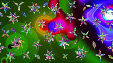 Suluboya elle çizilmiş çiçek desenli eskiz deseni. Parlak renkli fantezi çiçekleri, yapraklar, yeşil ve mavi renkli tomurcuklar yeşil ve mavi.