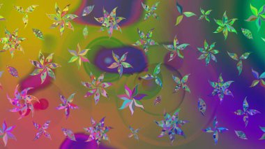 Raster düz çiçek çizim deseni. Yeşil ve kahverengi renkli çiçekler. Tasarım hediye paketi, tebrik kartları, posterler ve afiş tasarımı.