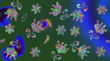 Parlak renkli fantezi çiçekleri, yapraklar, yeşil renkli tomurcuklar. Suluboya el çizimi elementli çiçek çizimi deseni.