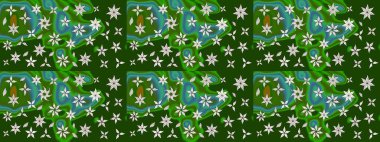 Raster illüstrasyonu. Çiçekli yumuşak bir eskiz şekli. Raster çiçekleri klasik tarzda çizilmiş. Yumuşak, bahar çiçekleri yeşil ve nötr renklerde.