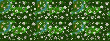 Raster - stok. Yapraklı çiçekler ve yeşil ve tarafsız renklerde papatya çiçekleri. Taslak arkaplan deseni.