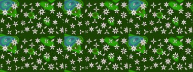 Raster illüstrasyonu. Şirin çiçekli eskiz deseni ve yeşil ve nötr renklerde yapraklar, suluboya çiçek deseni, duvar kağıdı, kart veya kumaş için fayanslı.