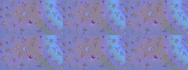 Çiçekli ipek eşarp. El çizimi çiçek unsurları olan soyut çizim raster deseni. 1950-1960 motifleri. Retro tekstil tasarım koleksiyonu. Mor ve mavi üzerine mor ve mavi.